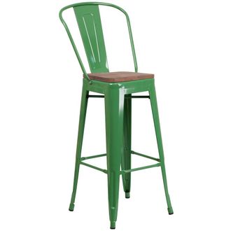 Flash Furniture 30 High Green Metal Barstool with Back and Wood Seat