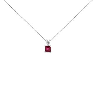House of Brilliance 14K White Gold 5x5 MM Square Shaped Red Ruby Solitaire Pendant Necklace