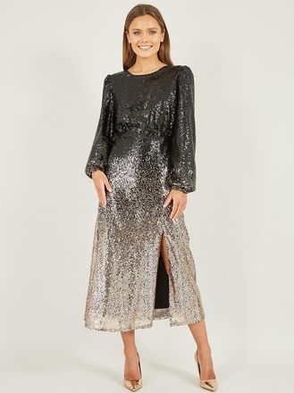 Yumi Womens Black And Gold Sequin Ombre Long Sleeve Midi Dress - Size 10 UK