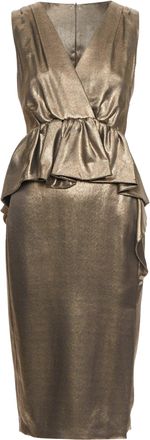 Moschino rustic metallic gold draped peplum V-neck midi cocktail dress IT40 S