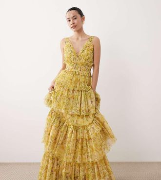 Lace & Beads Petite Luna - Vestito lungo a balze in tulle giallo a fiori