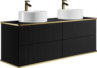 Vente-Unique Mueble de ba&ntilde;o suspendido estriado con ribete dorado y doble lavabo redondo - Negro - 150 cm - KELIZA