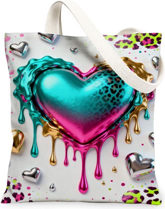Generic Vibrant Heart Canvas Tote Bags, Colorful Dripping Paint Pattern Reusable Grocery Bags, Funky Chic Lightweight Washable Shou, Vibrant, 13x15 Inch