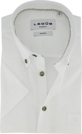 Led&ucirc;b Wit Ledub overhemd korte mouw Modern Fit strijkvrij met groene knopen