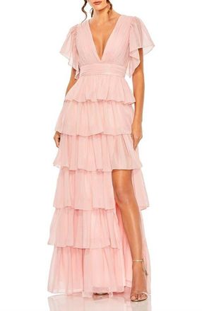 Mac Duggal Womens Flutter Sleeve Tiered Ruffle Chiffon Gown in Petal Pink at Nordstrom, Size 18