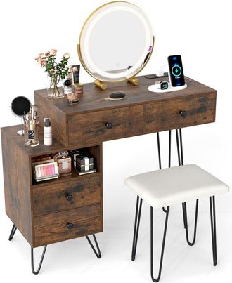 Costway Makeup Vanity Desk Modern Dressing Table Set w/Mirror and Lights-Brown