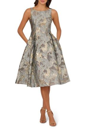 Adrianna Papell Metallic Leaf Jacquard Fit & Flare Cocktail Dress in Slate at Nordstrom, Size 10