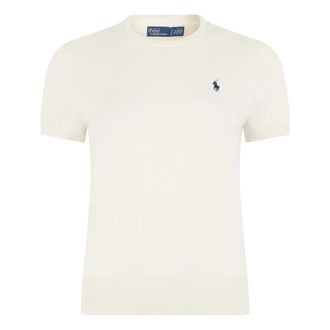 Polo Ralph Lauren Round-neck Knitwear, female, White, Size: S Short Sleeve Sweater with Embroidered Logo
