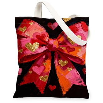 Generic Heart Bow Canvas Tote Bags, Colorful Love Pattern Reusable Grocery Bags, ValentineS Day Lightweight Washable Shoulder Stra, Peach, 13x15 Inch