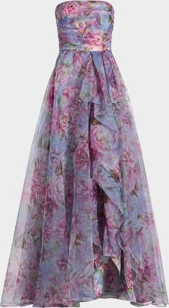 Theia Fahreta Strapless Floral-Print Gown