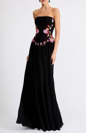 Helsi Caroline Floral Appliqu&eacute; Strapless Maxi Dress in Black at Nordstrom, Size X-Small