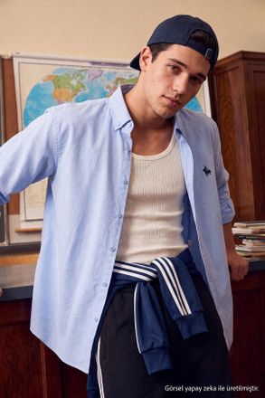 Trendyol MAN Heren Blauw Geborduurd Lang Regular fit Overhemden