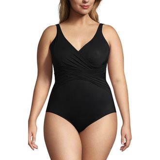 Lands End DDD-Cup Slender Suit Wrap One Piece Swimsuit in Black at Nordstrom, Size 16W