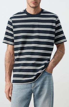 Mango Regular Fit Stripe Cotton Blend T-Shirt in Navy at Nordstrom, Size X-Small
