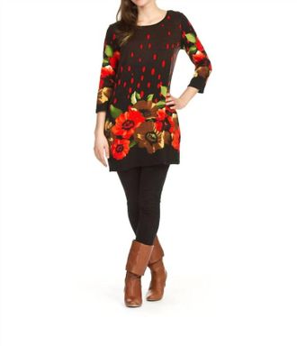 Papillon Floral Polka Dot Border Print 3/4 Sleeve Dress In Black