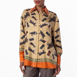 Bally Train Printed Long-Sleeved Silk Shirt, Brand Size 38 ( US Size 2 )