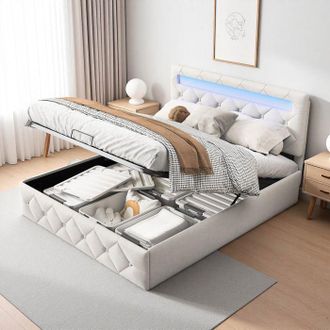 OEM Cama 140x190 Cm, Led Rgb, Hidr&aacute;ulica, Escandinava, Cama Para Adultos, Marco De Cama Doble 140x190 Cm, Terciopelo, Beige