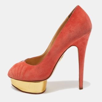 Charlotte Olympia Coral Pink Suede Peep Toe Platform Pumps