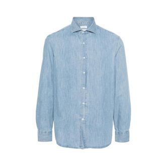 Brunello Cucinelli Lichtblauwe Denim Overhemd met gespreide kraag - Heren - Spijkeroverhemden - Blauw - M - Denim - Overhemden