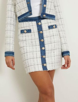 Guess Natalie Mini Skirt Womens White Tweed Check Button Front Pencil FTS1169