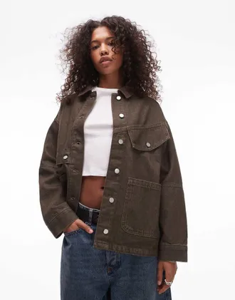 Topshop oversized cotton jacket with cord collar in brown