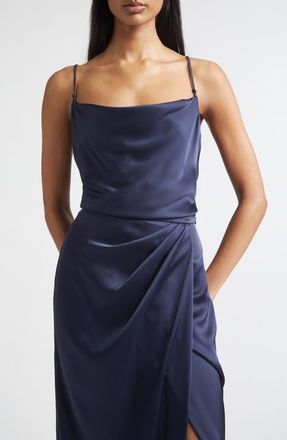 St. John Monroe Liquid Satin Camisole Top in Midnight at Nordstrom, Size 14
