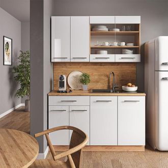 Vicco Cocina Para Solteros Fame-line, Blanco Brillo Intenso/roble Dorado, 140 Cm, Et Antracita, Vicco