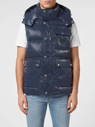Philipp Plein Padded Gilet in Quilted Technical Fabric with Hood and Pockets