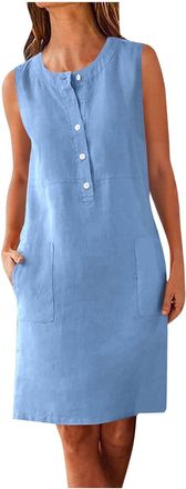 Generic Maxi Dresses for Women UK Linen Solid Round Neck Sleeveless Ladies Summer Tank Dress with Pockets Button Down Womens Pure Linen Casual Loose Mini Shif