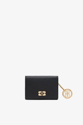 Ganni Black Card Holder With Flap in Grained Gold