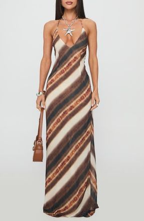 Princess Polly Esmira Plunge Halter Maxi Dress in Brown Stripe at Nordstrom, Size 10