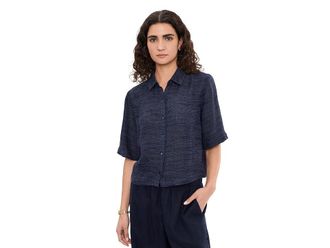 Eileen Fisher Linen Gauze Strata Classic Collar Shirt Womens Clothing Ink : XS, Linen/Nylon