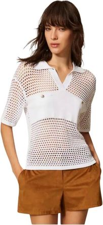 Twinset Tops, Dames, Wit, S, Polo shirt met ajoursteek