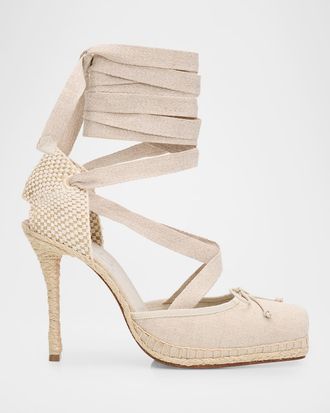 Christian Louboutin 100mm Cassiadrilla Canvas Lace-Up Espadrille Pumps