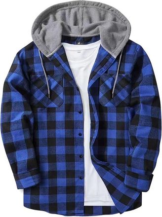 Generic Hoodies for Men UK Check Long Sleeve Flannel Shirts with Drawstring Button Down Casual Plaid Sweatshirts Lightweight Outdoor Work Tops Thick Coat with