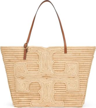 Tory Burch Grote Ella Raffia Tote - Dames - Shoppers - Beige - ONE Size - Leer - Tassen