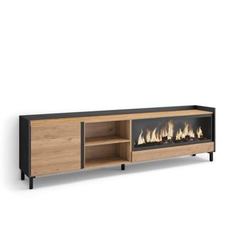 Skraut Home Mueble tv efecto madera roble negro 212x35x61cm chimenea efecto fuego