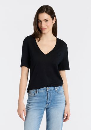 Boss Orange by Hugo Boss T-Shirt BOSS ORANGE Ela Premium Damenmode, Damen, Gr. XL, schwarz 001, Single Jersey, Obermaterial: 100% Leinen, unifarben, normal, V-Ausschnitt, Shir