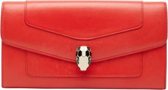 Bulgari Red Color Leather Long Wallet (Bi-Fold) (Pre-Owned)