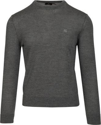 Etro Wol en zijde trui - Heren - Ronde hals truien - Grijs - XL - Wol - Truien & Vesten
