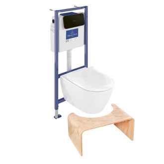 Villeroy & Boch Pack Inodoro Villeroy Et Boch Subway 2.0 Sin Reborde Con Asiento De Cierre Suave + Estructura Viconnect Pro + Placa Negra Mate + Taburete De Madera
