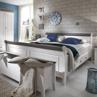 Maison Belfort home24 Maison Belfort Massivholz-Doppelbett Cenan 180x200 cm Massivholz Weiß/Grau mit Bettkasten