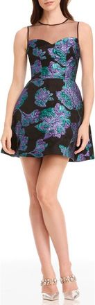 Dress The Population Kerra Brocade Illusion Neck Fit & Flare Minidress in Turquoise Multi at Nordstrom, Size Xx-Large