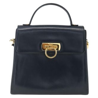 Ferragamo Gancini Convertible Top Handle Bag Leather Navy Leather Handbag (Pre-Owned)