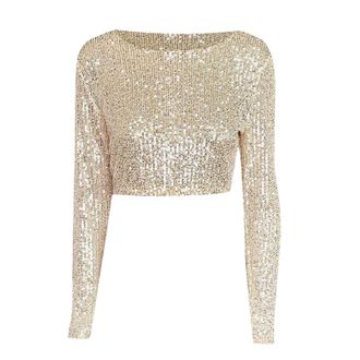 Generic Womens Sequin Crop Top Long Sleeve Sequin Top Sparkly Crop Tops Crew Neck Glitter Slim Fit Blouse Party Going Out Sexy Tee T Shirt Club Slim Sequins C