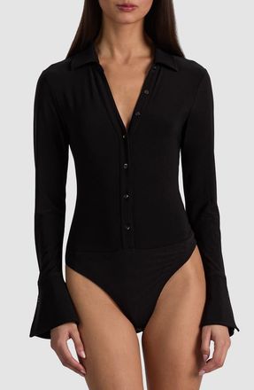 Alice & Olivia Freya Long Sleeve Nipped Waist Bodysuit in Black at Nordstrom, Size X-Small