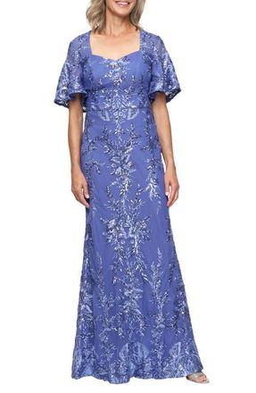 Alex Evenings Sequin Embroidered Mesh Gown in Cornflower at Nordstrom, Size 10P