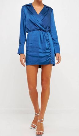 endless rose Long Sleeve Satin Dress In Olympian Blue