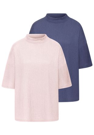 Lascana Kurzarmshirt LASCANA mit Stehkragen, Damen, Gr. 32/34, bunt (ros&eacute;, blau), Cr&ecirc;pe, Obermaterial: 97% Polyester, 3% Elasthan, unifarben, l&auml;ssig geschnitt