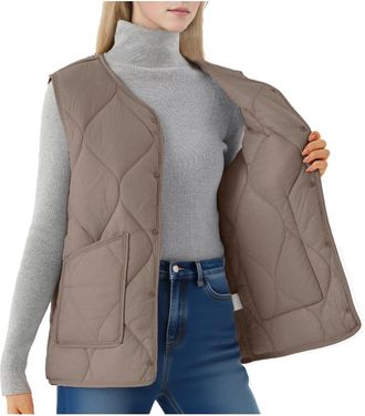 Generic Women Quilted Gilet V Neck Puffer Jacket Sleeveless Vest Button Down Body Warmer Waterproof Waistcoat Plain Padded Outerwear with Pockets Gilets Ladie